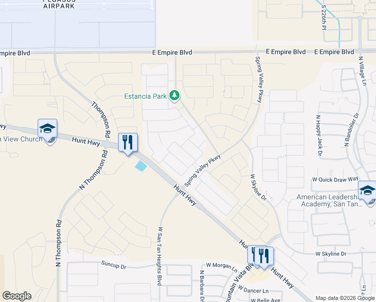 map of restaurants, bars, coffee shops, grocery stores, and more near 35098 North Lead Way in Queen Creek