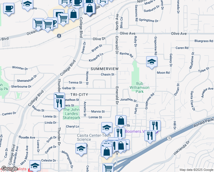 map of restaurants, bars, coffee shops, grocery stores, and more near 4182 Alana Circle in Oceanside