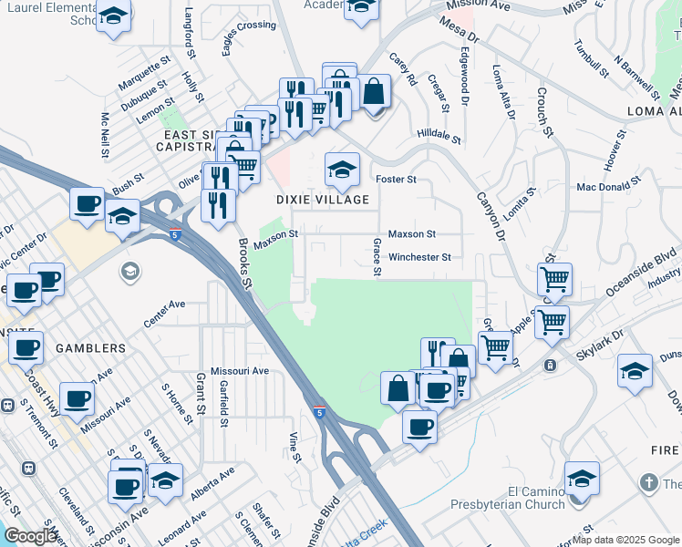 map of restaurants, bars, coffee shops, grocery stores, and more near 336 Cadillac Circle in Oceanside