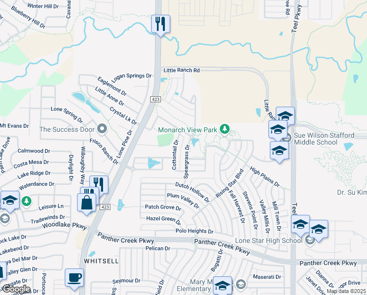 map of restaurants, bars, coffee shops, grocery stores, and more near 14381 Speargrass Drive in Frisco