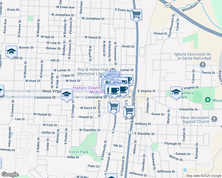 map of restaurants, bars, coffee shops, grocery stores, and more near 202 North Tennessee Street in McKinney