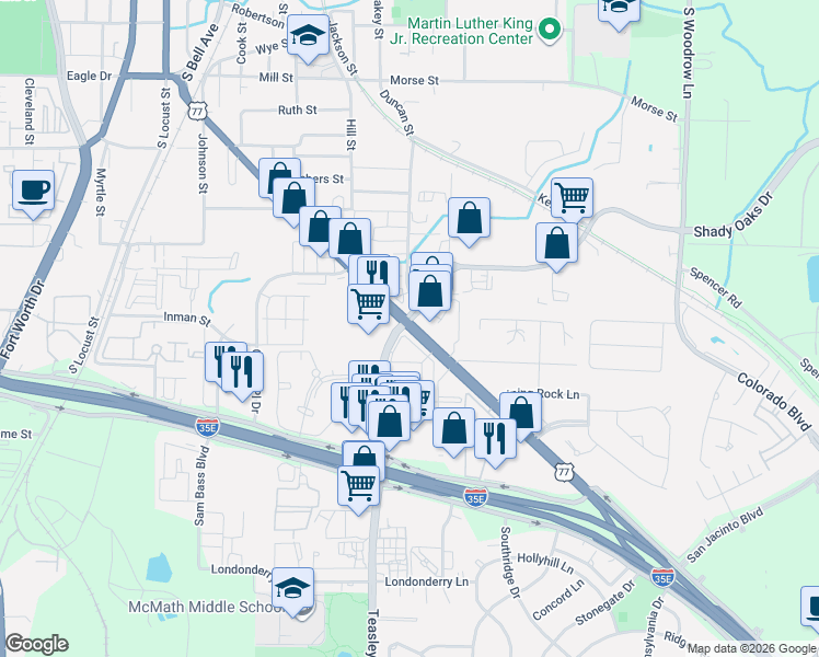 map of restaurants, bars, coffee shops, grocery stores, and more near 1108 Dallas Dr in Denton