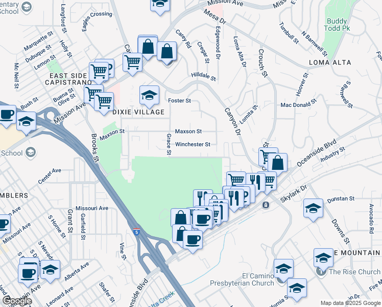 map of restaurants, bars, coffee shops, grocery stores, and more near 2136 Greenbrier Drive in Oceanside