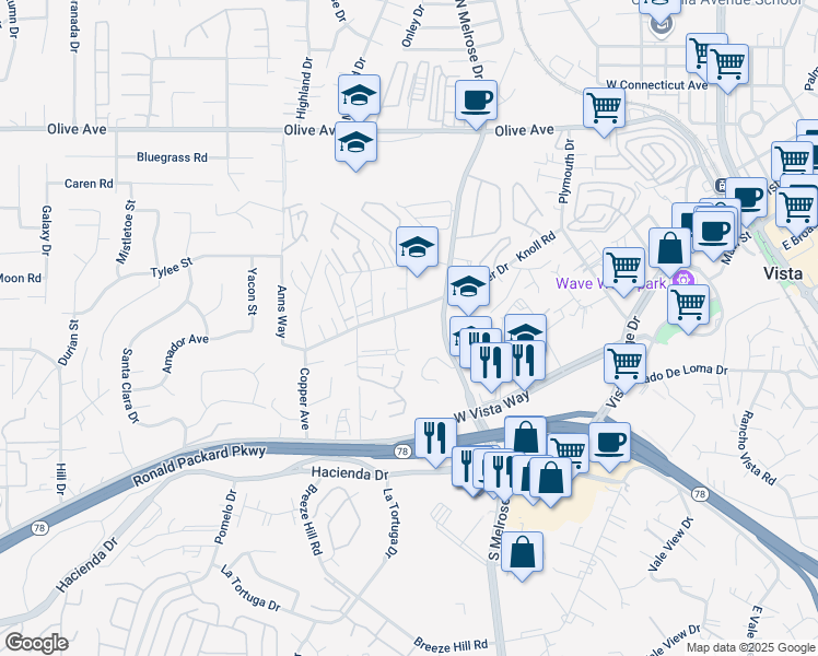 map of restaurants, bars, coffee shops, grocery stores, and more near 225 Diamond Way in Vista