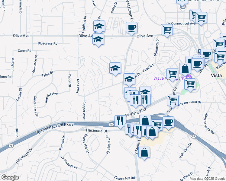 map of restaurants, bars, coffee shops, grocery stores, and more near 237 Diamond Way in Vista