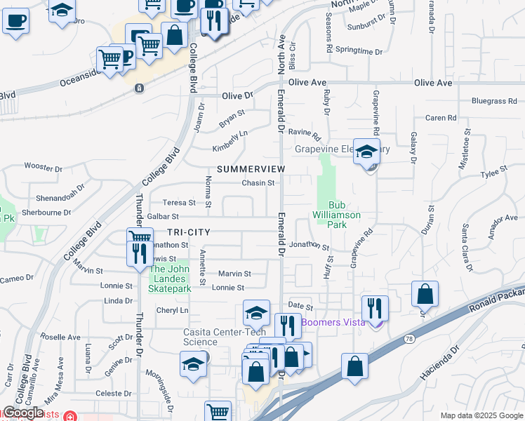 map of restaurants, bars, coffee shops, grocery stores, and more near 2729 Harriet Street in Oceanside