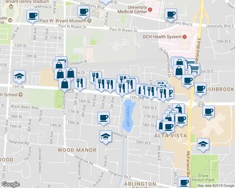 map of restaurants, bars, coffee shops, grocery stores, and more near 46 15th Street in Tuscaloosa