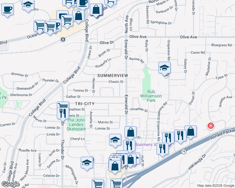 map of restaurants, bars, coffee shops, grocery stores, and more near 2729 Harriet Street in Oceanside