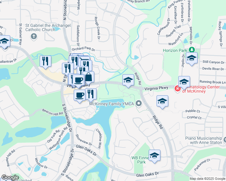 map of restaurants, bars, coffee shops, grocery stores, and more near 6201 Virginia Parkway in McKinney