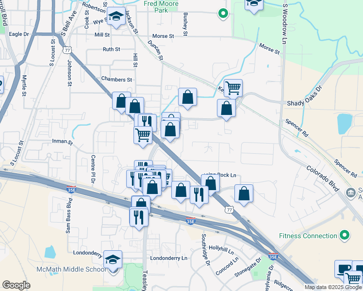 map of restaurants, bars, coffee shops, grocery stores, and more near 1137 Dallas Drive in Denton