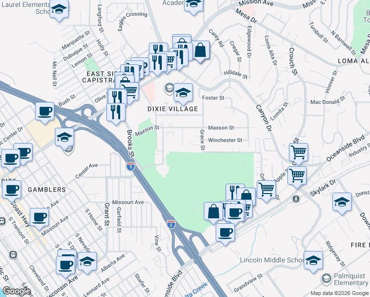 map of restaurants, bars, coffee shops, grocery stores, and more near 332 Cadillac Circle in Oceanside