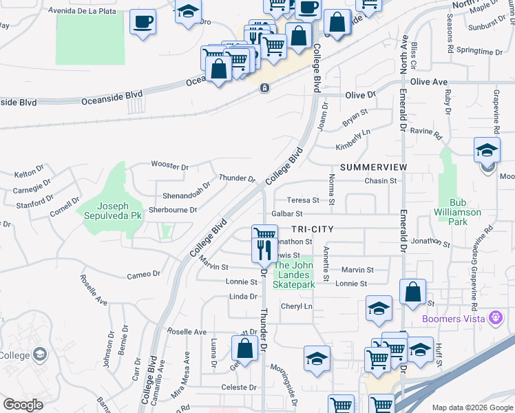 map of restaurants, bars, coffee shops, grocery stores, and more near 4100 Chasin Street in Oceanside