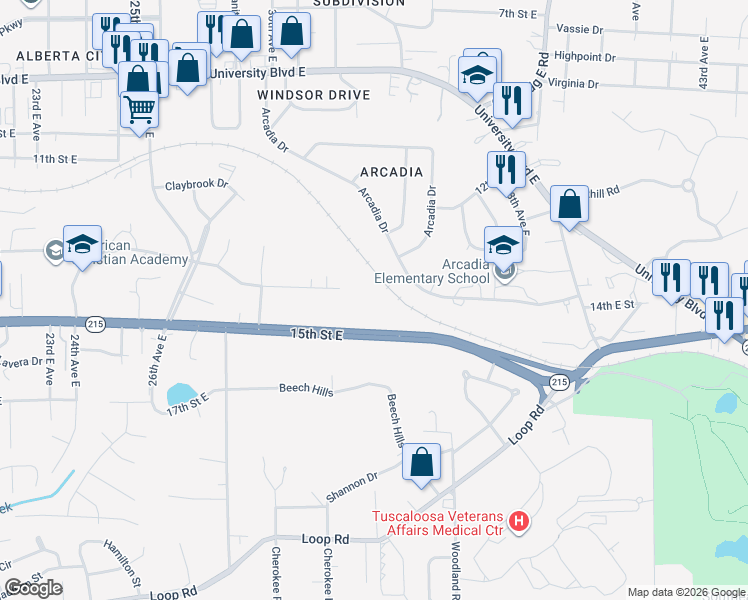 map of restaurants, bars, coffee shops, grocery stores, and more near 3218 Veterans Memorial Parkway in Tuscaloosa