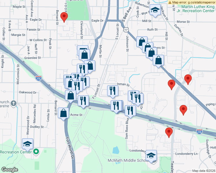 map of restaurants, bars, coffee shops, grocery stores, and more near 112 Inman Street in Denton