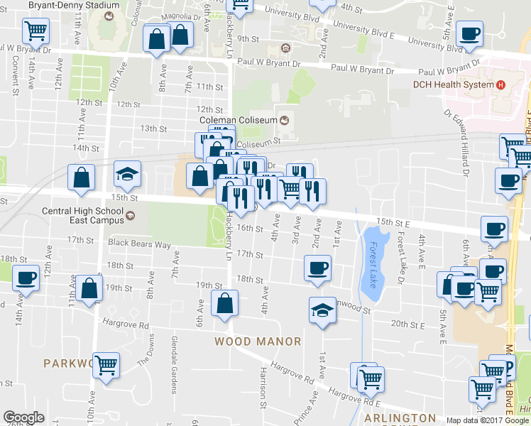map of restaurants, bars, coffee shops, grocery stores, and more near 1512 5th Avenue in Tuscaloosa