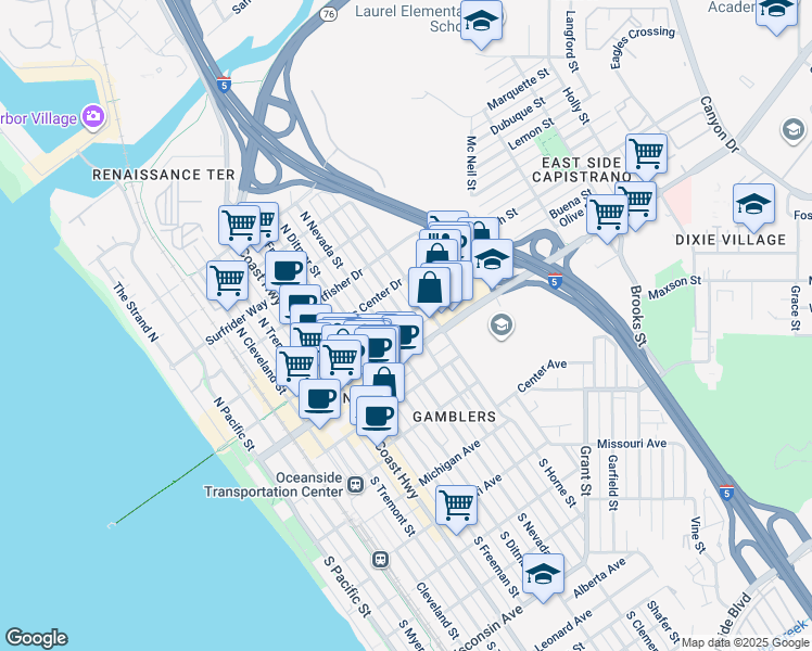 map of restaurants, bars, coffee shops, grocery stores, and more near in Oceanside