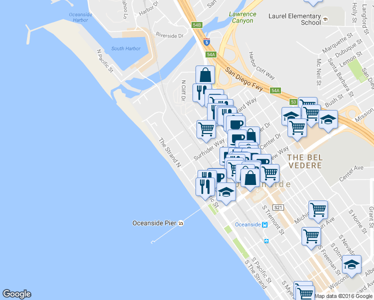 map of restaurants, bars, coffee shops, grocery stores, and more near 610 North Pacific Street in Oceanside