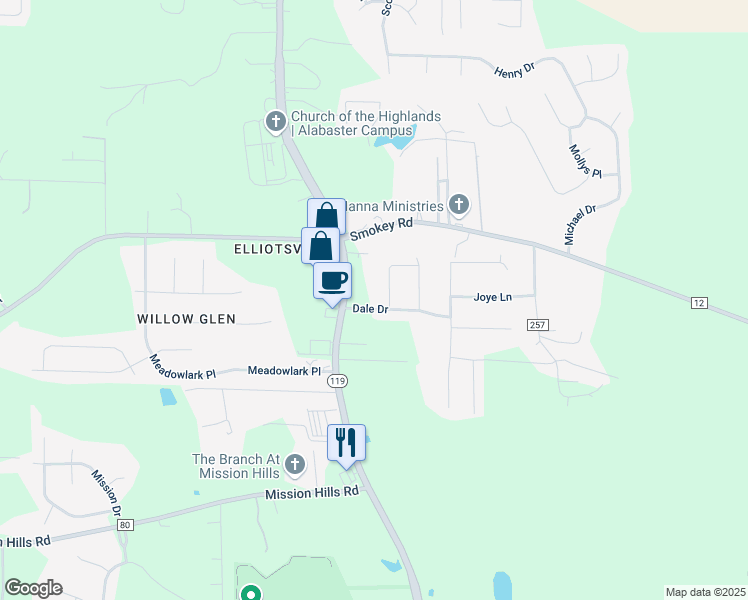 map of restaurants, bars, coffee shops, grocery stores, and more near 201 Dale Drive in Alabaster