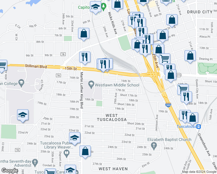 map of restaurants, bars, coffee shops, grocery stores, and more near 2911 17th Street in Tuscaloosa