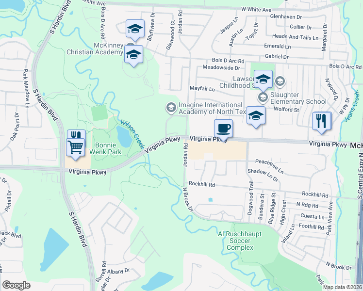 map of restaurants, bars, coffee shops, grocery stores, and more near 260 Jordan Road in McKinney