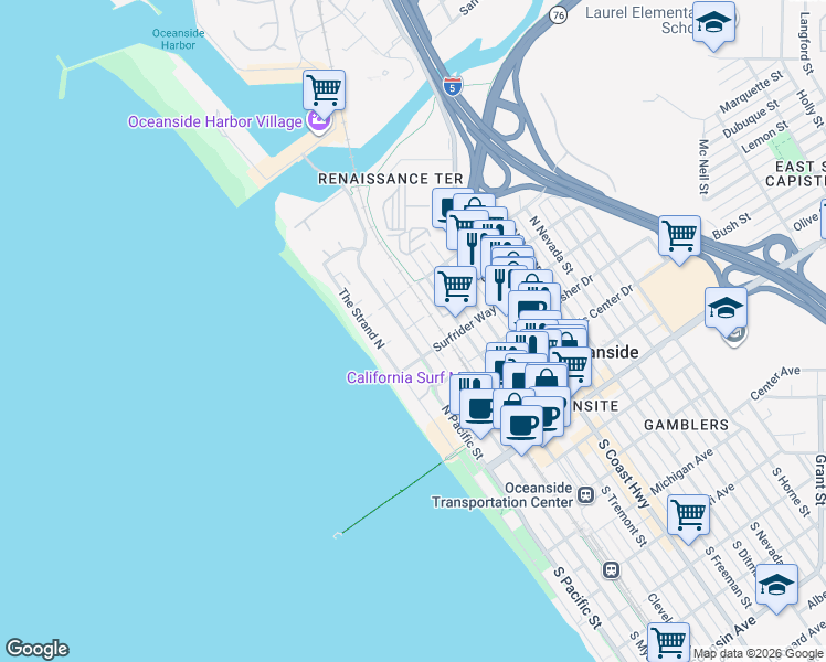 map of restaurants, bars, coffee shops, grocery stores, and more near 610 North Pacific Street in Oceanside