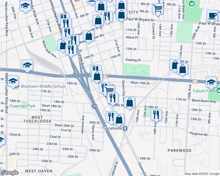 map of restaurants, bars, coffee shops, grocery stores, and more near 1600 23rd Avenue in Tuscaloosa