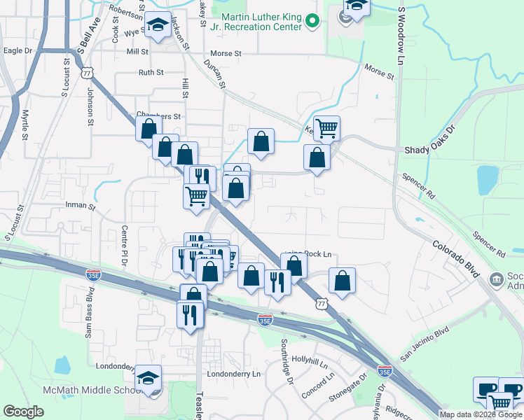 map of restaurants, bars, coffee shops, grocery stores, and more near 1334 Ruidosa Court in Denton