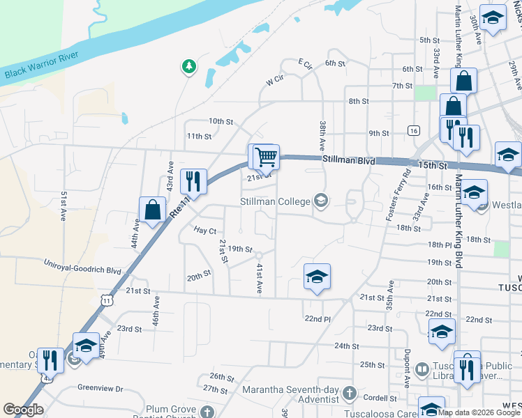 map of restaurants, bars, coffee shops, grocery stores, and more near 1750 40th Avenue in Tuscaloosa