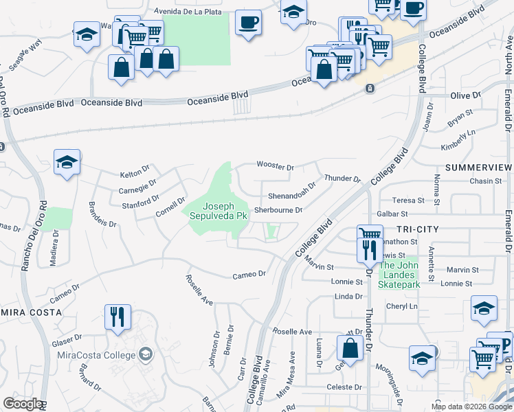 map of restaurants, bars, coffee shops, grocery stores, and more near 3904 Sherbourne Drive in Oceanside