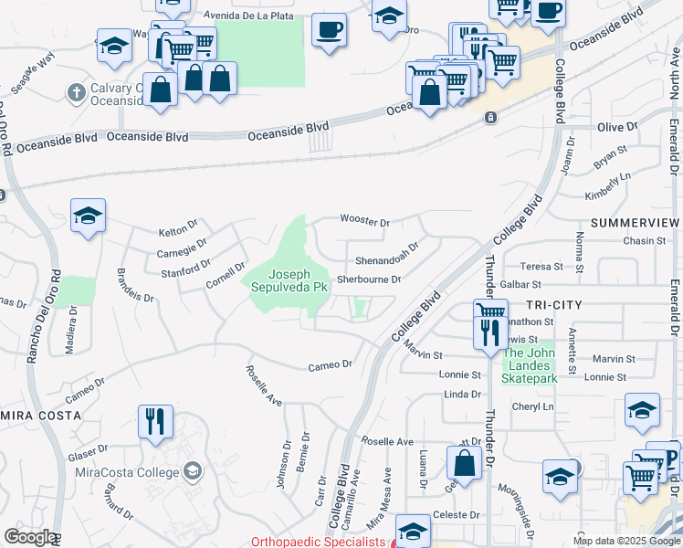 map of restaurants, bars, coffee shops, grocery stores, and more near 3904 Sherbourne Drive in Oceanside