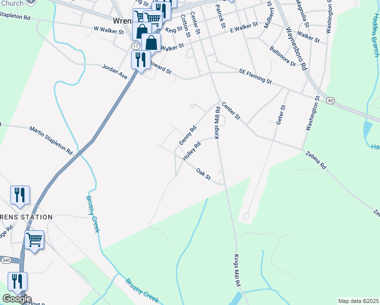 map of restaurants, bars, coffee shops, grocery stores, and more near Holley Road in Wrens