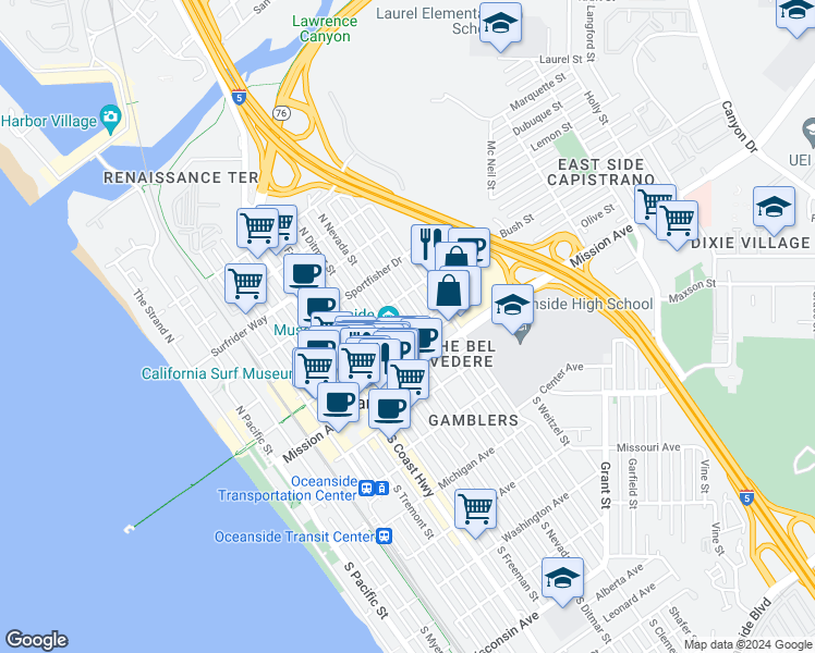 map of restaurants, bars, coffee shops, grocery stores, and more near 721 Pier View Way in Oceanside