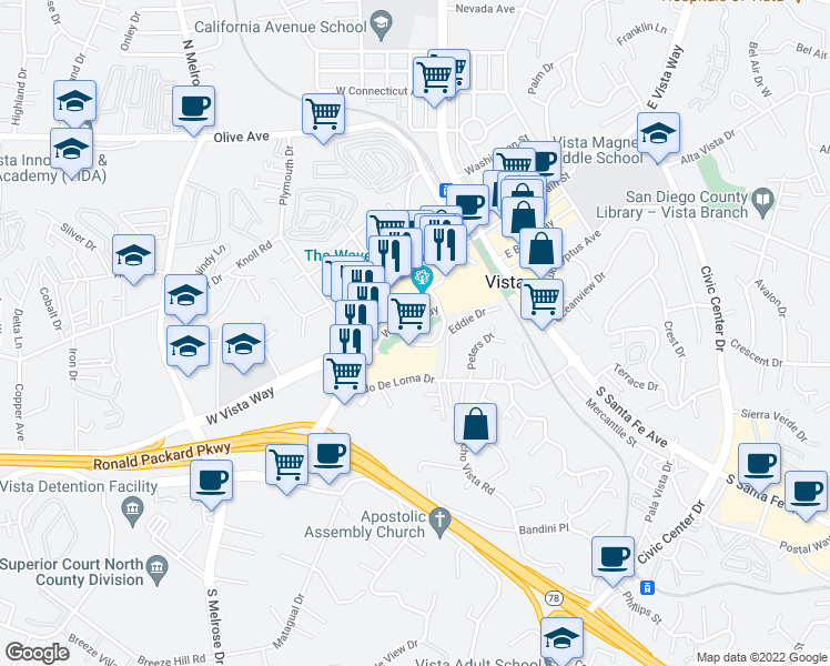 map of restaurants, bars, coffee shops, grocery stores, and more near 219 Vista Village Drive in Vista
