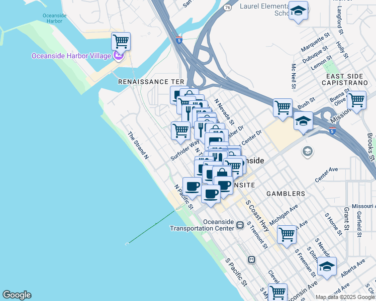 map of restaurants, bars, coffee shops, grocery stores, and more near 524 North Cleveland Street in Oceanside