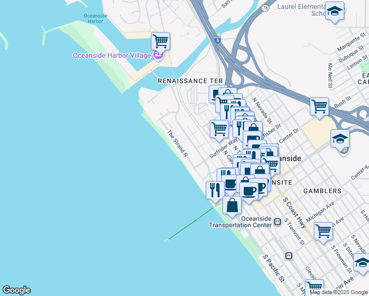 map of restaurants, bars, coffee shops, grocery stores, and more near in Camp Pendleton North