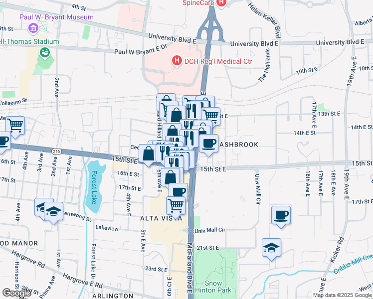 map of restaurants, bars, coffee shops, grocery stores, and more near 86 Cedar Crest in Tuscaloosa