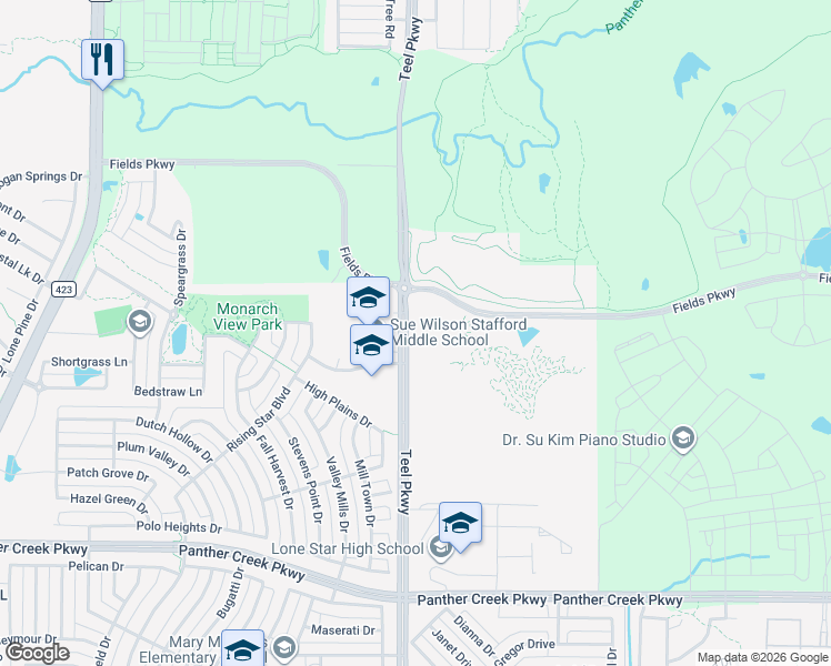 map of restaurants, bars, coffee shops, grocery stores, and more near 14350 Teel Parkway in Frisco