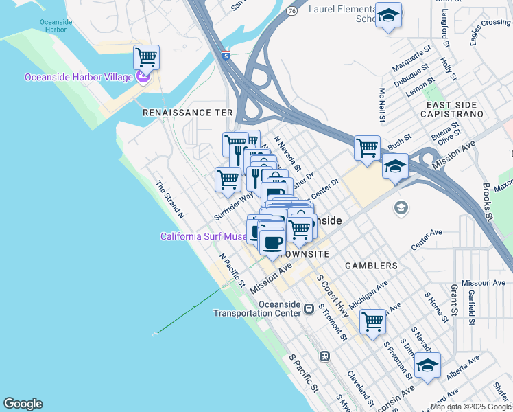 map of restaurants, bars, coffee shops, grocery stores, and more near 508 North Tremont Street in Oceanside