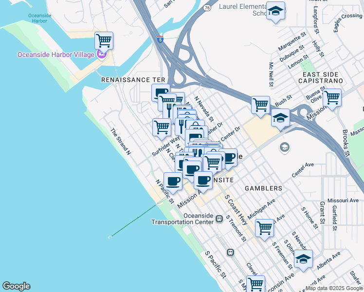 map of restaurants, bars, coffee shops, grocery stores, and more near 423 North Tremont Street in Oceanside