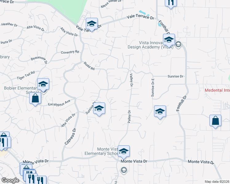 map of restaurants, bars, coffee shops, grocery stores, and more near 536 Rudd Road in Vista