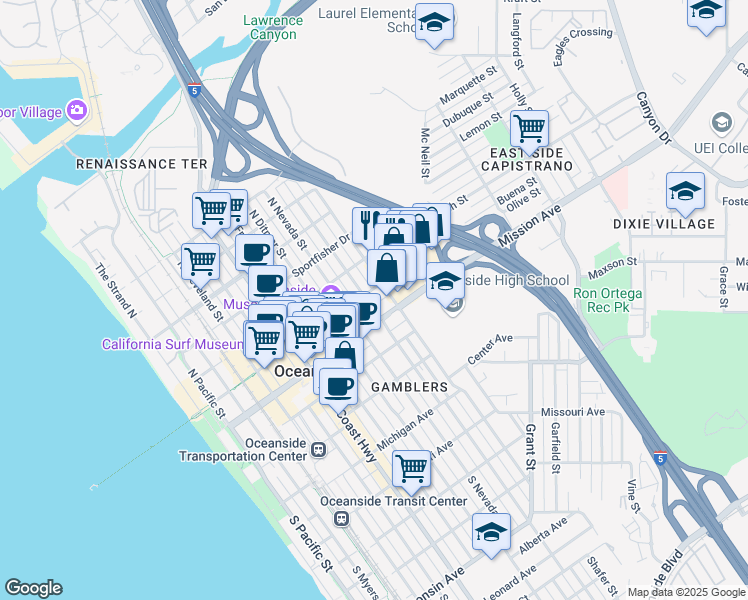 map of restaurants, bars, coffee shops, grocery stores, and more near in Oceanside