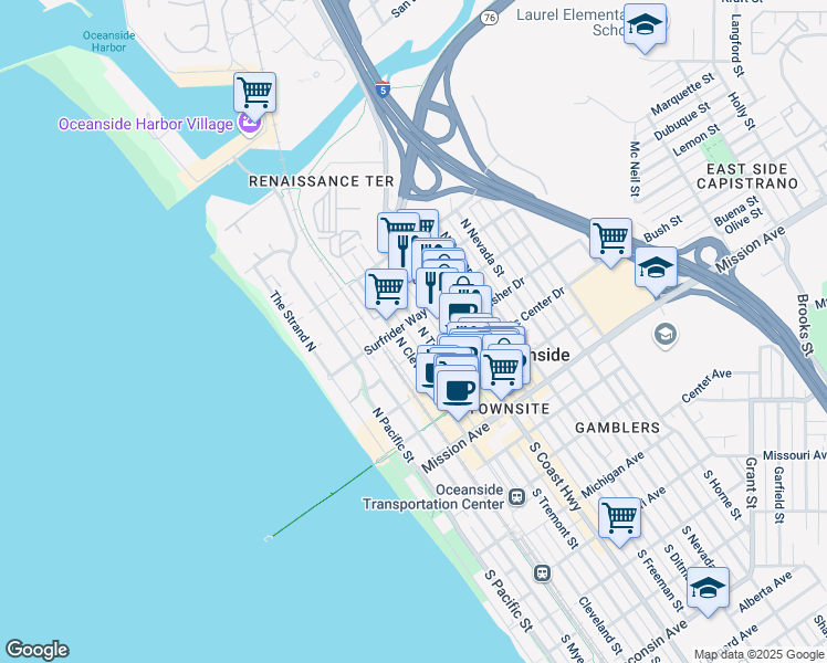 map of restaurants, bars, coffee shops, grocery stores, and more near 423 North Tremont Street in Oceanside