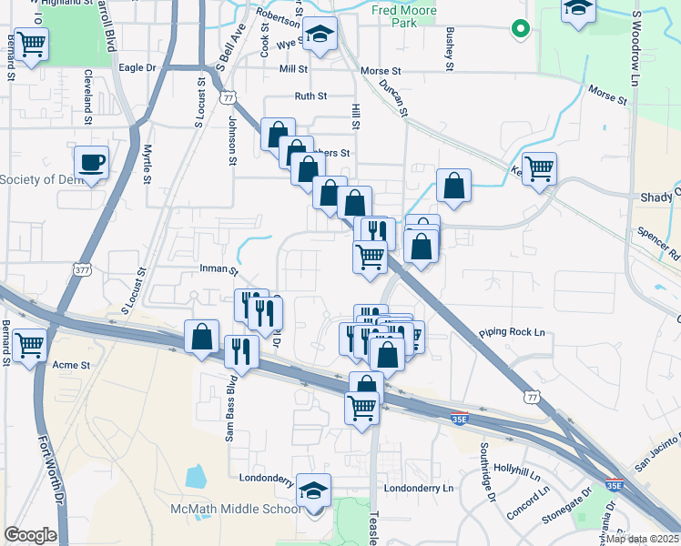 map of restaurants, bars, coffee shops, grocery stores, and more near 1030 Dallas Drive in Denton