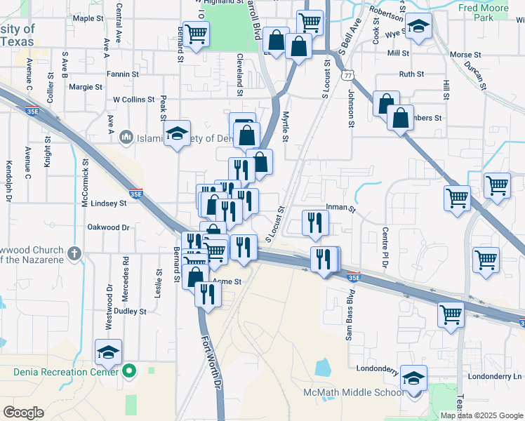 map of restaurants, bars, coffee shops, grocery stores, and more near 701 Fort Worth Drive in Denton