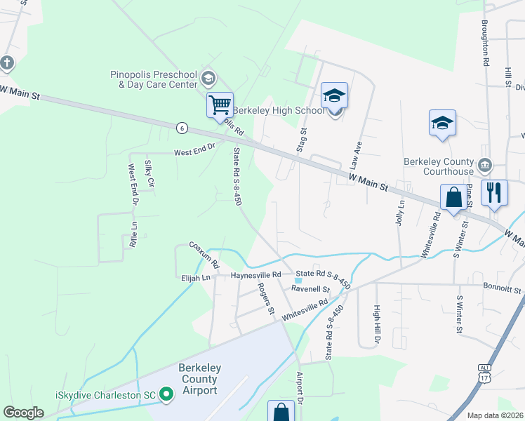 map of restaurants, bars, coffee shops, grocery stores, and more near 262 Haynesville Road Exd in Moncks Corner