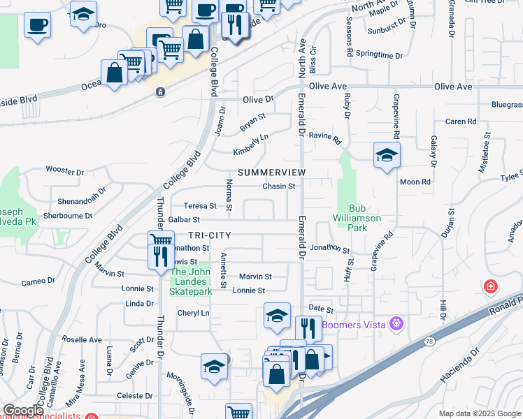 map of restaurants, bars, coffee shops, grocery stores, and more near 4184 Galbar Place in Oceanside