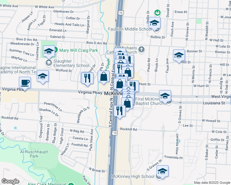 map of restaurants, bars, coffee shops, grocery stores, and more near 102 North Central Expressway in McKinney