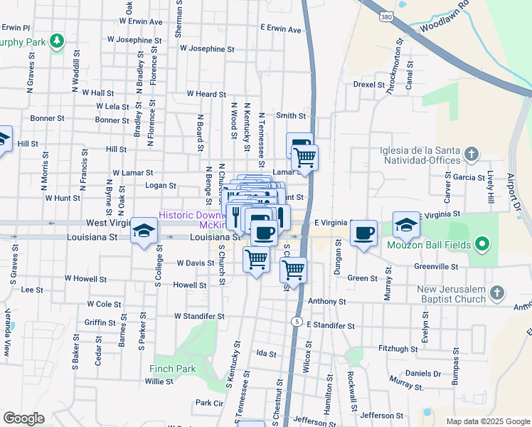 map of restaurants, bars, coffee shops, grocery stores, and more near 202 North Tennessee Street in McKinney