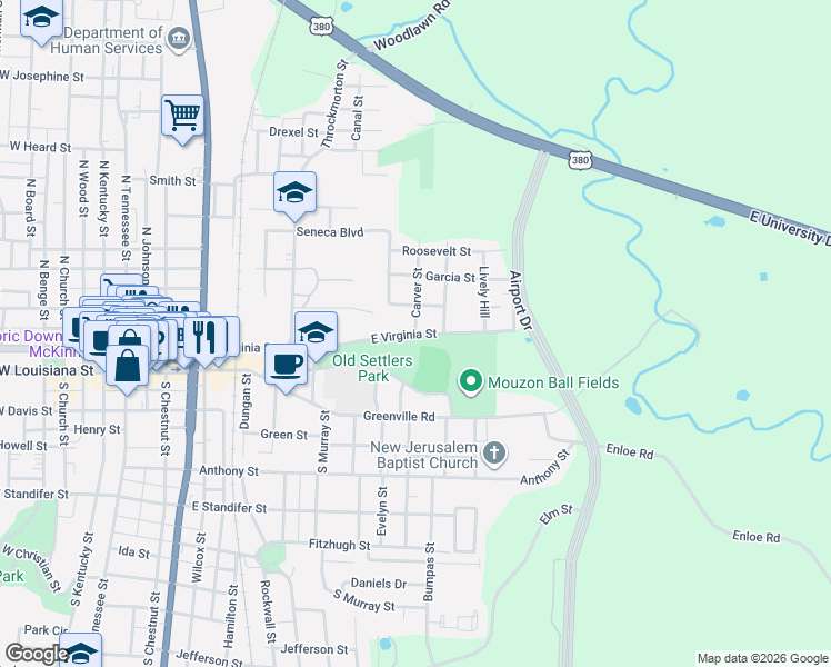 map of restaurants, bars, coffee shops, grocery stores, and more near 813 East Virginia Street in McKinney
