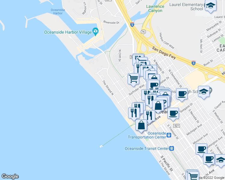 map of restaurants, bars, coffee shops, grocery stores, and more near 702 The Strand North in Oceanside